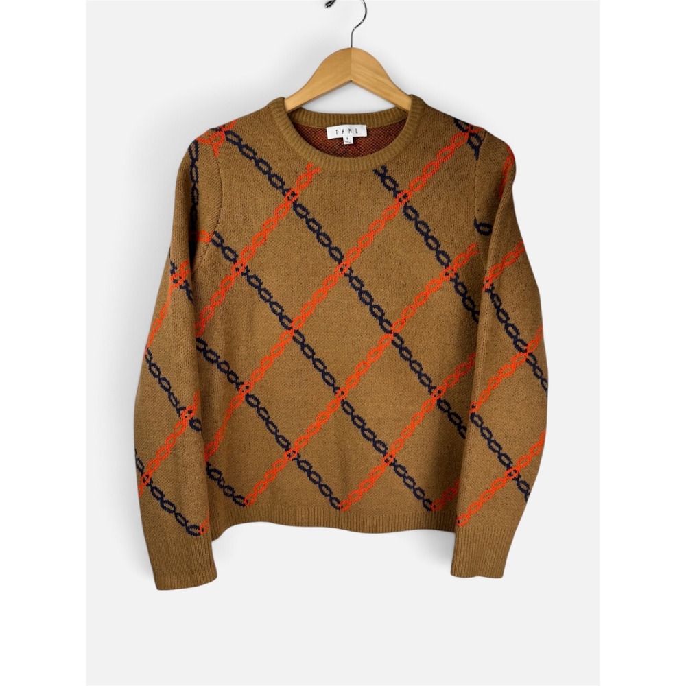 THML Chain Link Sweater Tan Navy Orange Knit Crew Neck Women Small